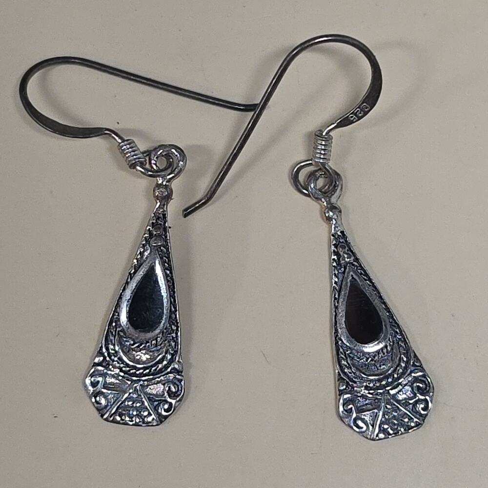 Antique Vintage 925 Sterling Onyx Dangle Pierced Earrings